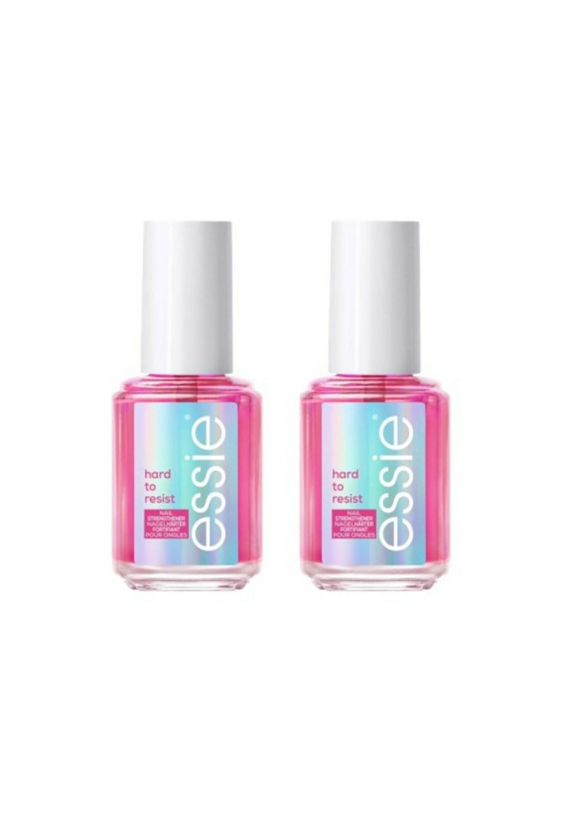 Deux bouteilles en verre transparent contenant un produit pour ongles Essie avec des bouchons blancs. Chacune contient du vernis à ongles rose étiqueté "difficile à résister."