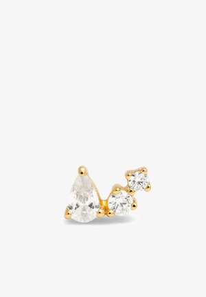 Goldohrringe mit einem tropfenförmigen klaren Edelstein und zwei runden klaren Edelsteinen, mit einer polierten Oberfläche und glattem Finish.