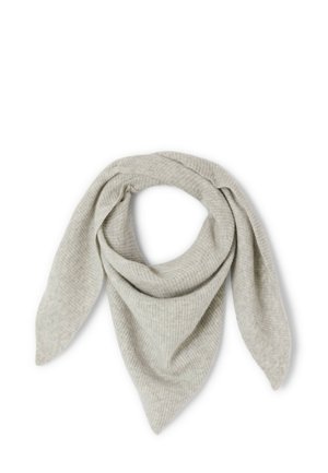 Grå ribbad stickad halsduk med spetsiga ändar, har en mjuk textur och en rund halsöppning, designad för mångsidig styling.