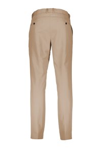 Beige Hose aus glattem Stoff, mit maßgeschneiderter Passform, leicht zulaufend, zwei Gesäßtaschen mit Knopfverschluss.