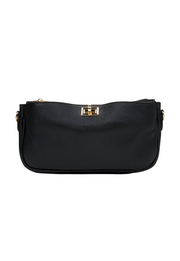 Zwarte leren clutch met een textuurafwerking, voorzien van een goudkleurige sluiting aan de voorkant en een slanke, rechthoekige vorm.