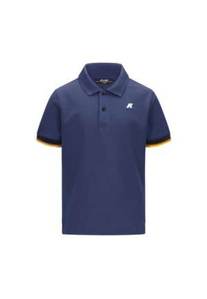 Polo blu navy a maniche corte con due bottoni, piccolo logo bianco sul petto e bordo nero, giallo e arancione sui polsini.