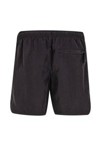 Zwarte shorts met een elastische tailleband, met een ritszak op de achterkant, gemaakt van lichtgewicht, gladde stof zonder zichtbaar patroon.