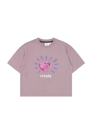 Fliederfarbenes Cropped-T-Shirt mit einem pinken Paillettenherz und lila Strahlen über dem weißen Text „create“.