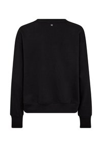 Čierna mikina s dlhými rukávmi, rebrovanými manžetami a lemom, okrúhlym výstrihom a malým logom na zadnej strane pri krku.