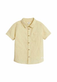 Korte mouwen, lichtgele shirt met een gestructureerd bloemenpatroon, een kraag en een borstzak; voorzien van bruine knopen aan de voorkant.