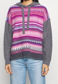 Hooded sweater with multicolored striped pattern in shades of pink, gray, and blue; ribbed hem and cuffs; soft knit texture.