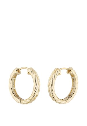 Pair of small gold hoop earrings with a twisted rope design and a hinged clasp closure.