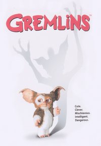 Postava gremlina s velkými ušima a hnědým kožichem, se bílým břichem a rukama. Text zní "Gremlins" tučně červeně nahoře. Viditelný stín.