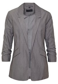 Grå skräddarsydd kavaj med notch-krage, enknappsstängning och två framfickor. Tillverkad av en strukturerad, lättviktig tyg.