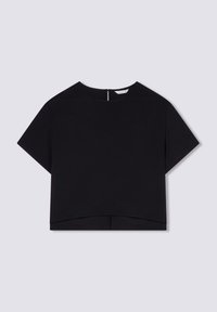 T-shirt nera con taglio corto realizzata in tessuto morbido, con collo rotondo, maniche corte e chiusura con zip sul retro.