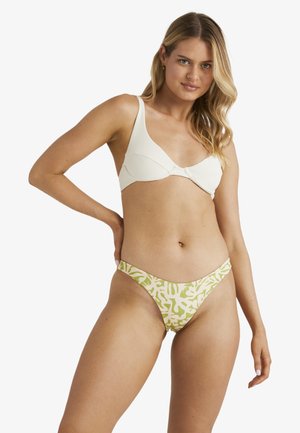 Bikini set met een textuur in wit bovenstuk met een twistdetail en een low-rise groene onderzijde met abstract wit patroon.