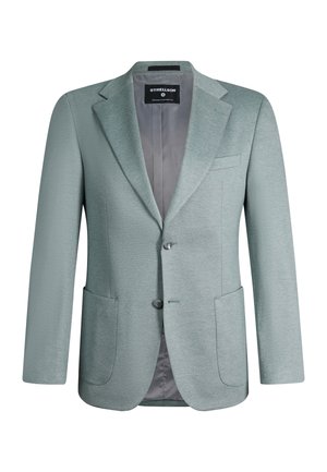 Blazer pour homme vert clair avec deux boutons à l'avant, revers crantés, deux poches plaquées et doublure intérieure de marque.