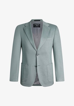 Lichtgroene herenblazer met twee knopen aan de voorkant, inkeping revers, twee opgestikte zakken en merkvoering aan de binnenkant.