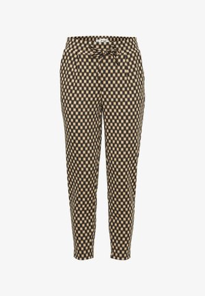 Pantalons à motifs carreaux marron et beige, avec une taille élastique à lien et une coupe fuselée. Texture de tissu douce.