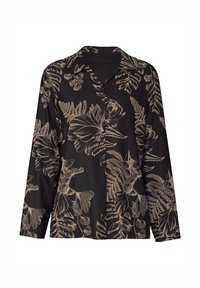 Zwarte lange mouwen shirt met een bloemen- en varenpatroon in beige. Zachte stof, knoopsluiting aan de voorkant en kraagontwerp.