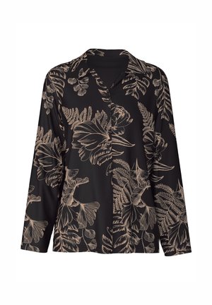 Zwarte lange mouwen shirt met een bloemen- en varenpatroon in beige. Zachte stof, knoopsluiting aan de voorkant en kraagontwerp.