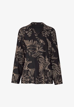Schwarzes Langarmhemd mit floralem und Farn-Muster in Beige. Weicher Stoff, Knopfverschluss und Kragen-Design.