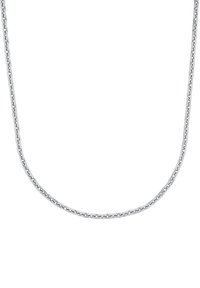 En delikat silverkedja med små, jämnt fördelade rektangulära länkar som bildar en kontinuerlig slinga mot en vit bakgrund.
