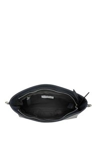 Bolso de mano de cuero azul marino con cierre de cremallera, exterior texturizado, interior forrado de tela y un pequeño bolsillo interior.