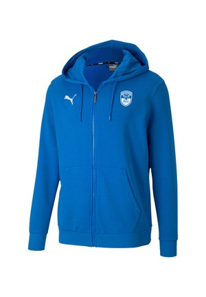 Blue full-zip hoodie with hood, front pockets, Puma logo on the right chest, and a sports team emblem on the left chest.