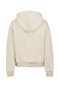 Beige Cropped-Hoodie mit Kordelzugkapuze, gerippten Bündchen und Saum. Glatte Stofftextur mit einem einfachen, minimalistischen Design.