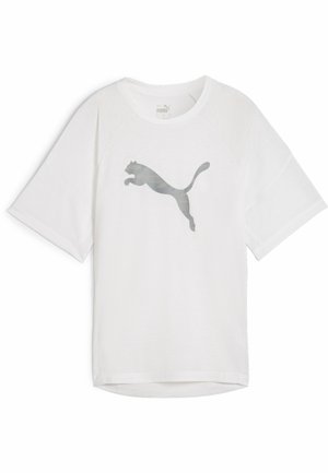 Camiseta blanca de manga corta con escote redondo y un gran logotipo gris de Puma en la parte delantera. Tela suave con un acabado ligeramente texturizado.
