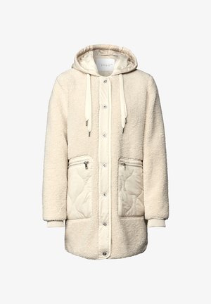 Cremefarbene Kapuzenjacke mit einer weichen, flauschigen Außenseite, gesteppten Stofftaschen und Druckknopfverschluss sowie Kordelzugakzenten.