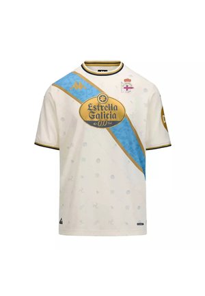 Wit voetbalshirt met een diagonale blauwe en gouden sjerp, Estrella Galicia-logo, Deportivo La Coruña-wapen en Kappa-brandingdetails.