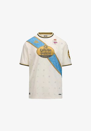 Weißes Fußballtrikot mit blauer und goldener diagonaler Schärpe, Estrella Galicia Logo, Deportivo La Coruña Wappen und Kappa-Branding-Details.