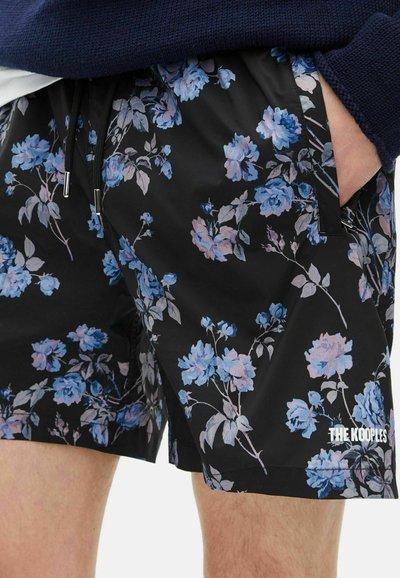 Blumen-Swimshorts mit schwarzem Hintergrund und blauen Rosenmustern, aus leichtem Material gefertigt. Verstellbarer Kordelzugbund.