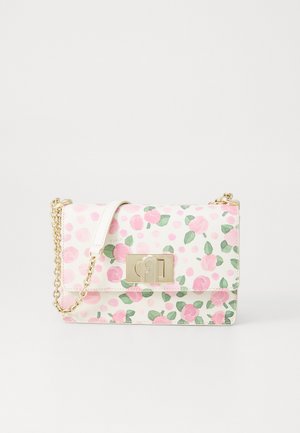 Floral-patterned handbag with a white base, pink and green roses, gold hardware, and a chain strap. Features a flap closure and logo detail.
