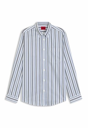 Camicia a maniche lunghe con colletto di colore bianco con strisce verticali blu e nere. Presenta una tasca sul petto e chiusura a bottoni. Tessuto morbido.
