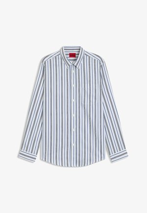 Camicia a maniche lunghe con colletto di colore bianco con strisce verticali blu e nere. Presenta una tasca sul petto e chiusura a bottoni. Tessuto morbido.
