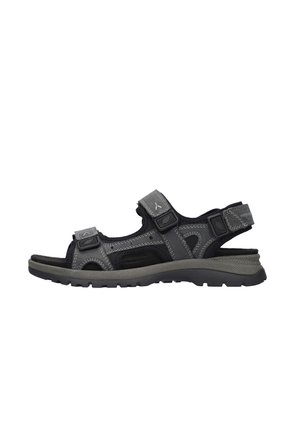 Schwarze Sandalen aus synthetischem Material mit verstellbaren Riemen, strukturierter Fußbettung, gepolsterter Sohle und grauen Nähten. Offenes Zehendesign und vielseitig einsetzbar.