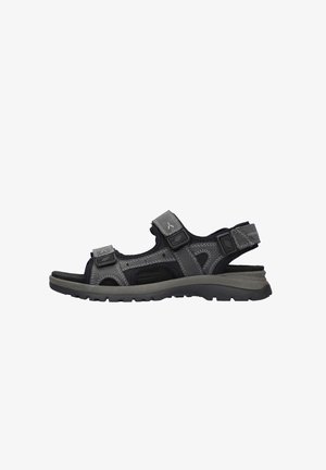 Schwarze Sandalen aus synthetischem Material mit verstellbaren Riemen, strukturierter Fußbettung, gepolsterter Sohle und grauen Nähten. Offenes Zehendesign und vielseitig einsetzbar.