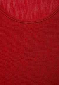 Tessuto in cotone rosso con una texture liscia, caratterizzato da un collo rotondo. La superficie mostra lievi variazioni, creando un aspetto uniforme.