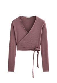 Dugmadni gornji dio s dugim rukavima u boji mauve, s v-izrezom, rebrastom teksturom i detaljem vezanja u struku za prilagodljivu veličinu.