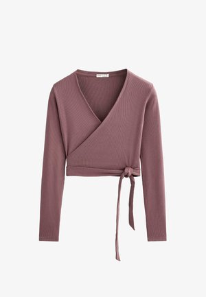 Długo-sleeve wrap top w kolorze mauve, z dekoltem w kształcie litery V, teksturą w prążki i wiązaniem w talii dla regulowanego dopasowania.