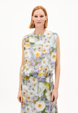 Floral-patterned sleeveless top in soft fabric, featuring a rounded neckline and an elastic drawstring waist for adjustable fit.