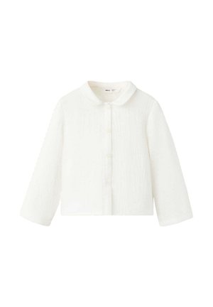 Chemise blanche à manches longues boutonnée avec un petit col arrondi et un motif texturé subtil.