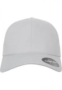 Gray baseball cap with a rounded crown, curved visor, and smooth fabric. Features a Flexfit sticker attached to the side.