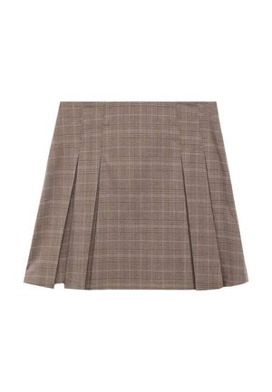 Jupe mini plissée à carreaux marron avec des fentes latérales et une taille haute, présentant un motif à carreaux subtil.