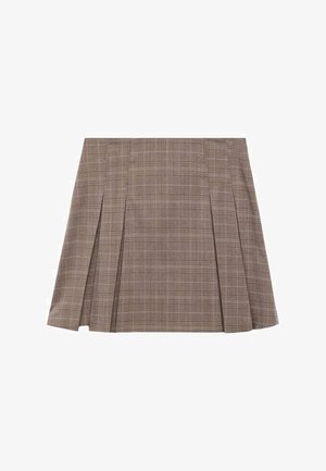 Bruine geruite plisseerminirok met zijsplitten en een hoge taille, voorzien van een subtiele ruitenpatroon.