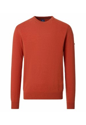 Langärmeliger Herrenpullover mit Rundhalsausschnitt in einfarbigem Orangebraun, mit gerippten Bündchen und Saum, schlichte Stricktextur.