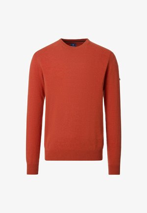 Męski sweter z długim rękawem i okrągłym dekoltem w solidnym kolorze spalona pomarańcza, z prążkowanymi mankietami i ściągaczem, o gładkiej dzianinie.