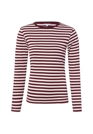 Long-sleeve shirt with horizontal dark red and white stripes and a round neckline on a white background.