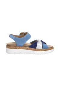 Blaue und marineblaue Wildledersandalen mit silbernen Riemenakzenten, Kork-Optik-Sohle, weißer Zwischensohle und verstellbarem Knöchelriemen; offenes Ze design.
