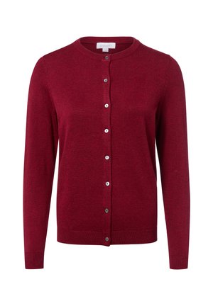 Rode cardigan gemaakt van gebreide stof met een ronde hals, lange mouwen en een knoopsluiting aan de voorkant. Bevat ribgebreide afwerking bij de manchetten en de zoom.