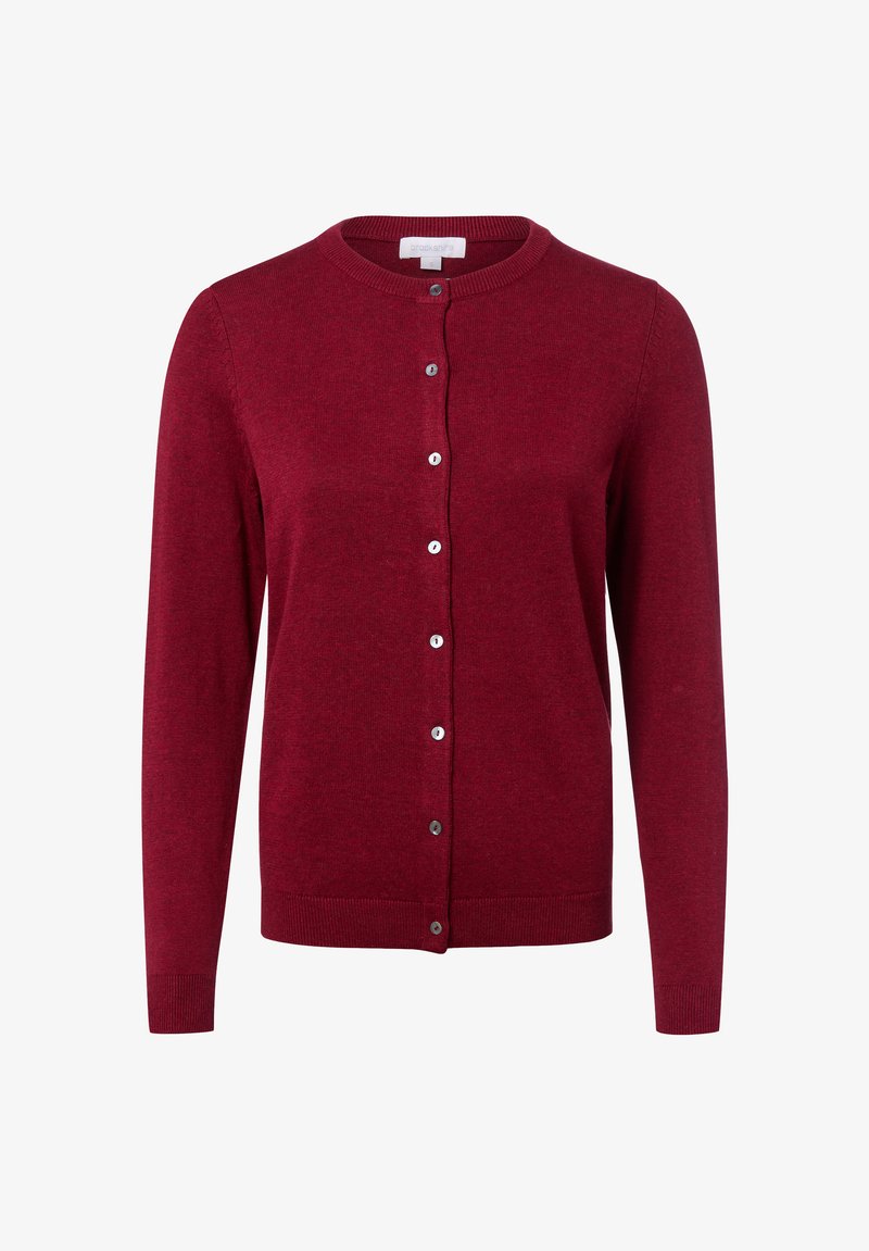 Cardigan rouge en tissu tricoté avec un col rond, des manches longues et une fermeture à boutons à l'avant. Comprend des finitions côtelées aux poignets et à l'ourlet.